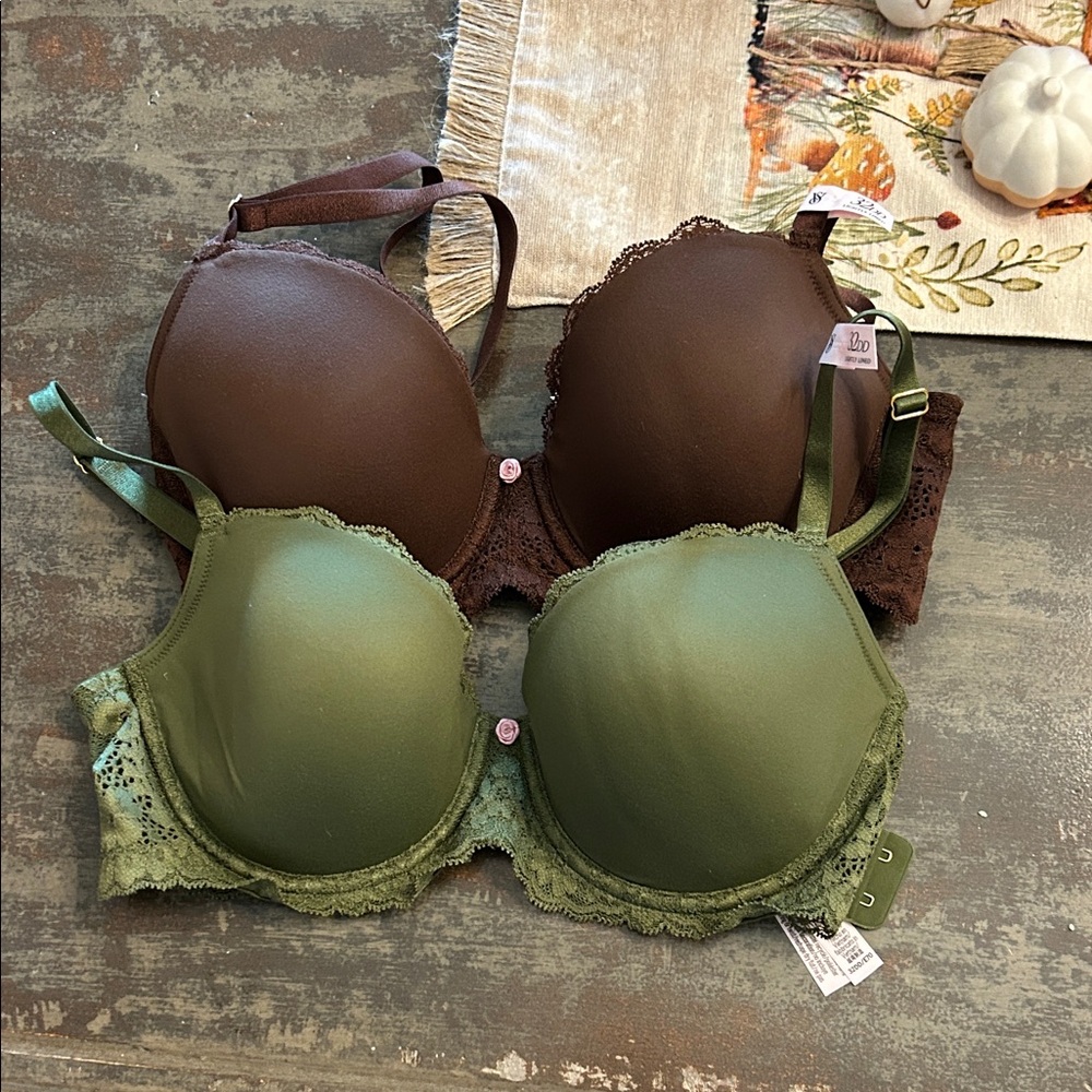 Victoria's Secret Brown and Green Lace Bras NWT 32DD